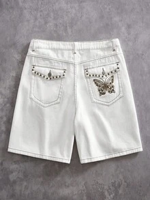 ROMWE MEN Street Life Quần short denim nam mùa hè kiểu dáng thường ngày, đính đinh tán, thêu hình bướm, túi xéo. - trắng - Xem 1