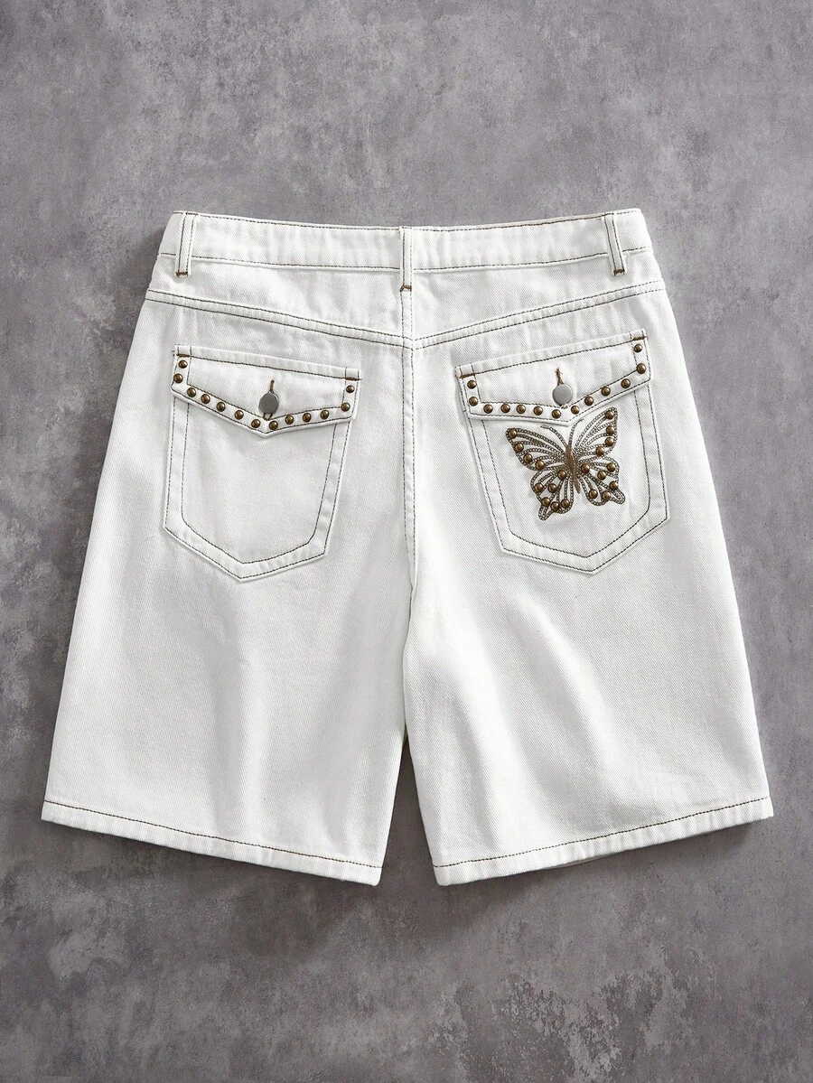ROMWE MEN Street Life Quần short denim nam mùa hè kiểu dáng thường ngày, đính đinh tán, thêu hình bướm, túi xéo. - trắng - Xem 1