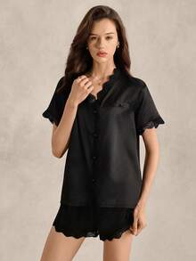 EverLounge Lace Trim Satin Pajama Set - Black - View 4