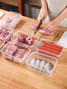 4个带盖可叠放冰箱储物盒，适用于存放肉类、水果和蔬菜 - 厨房必备食品储物盒，带盖，冰箱配件和储物盒 - 透明 - 查看 6