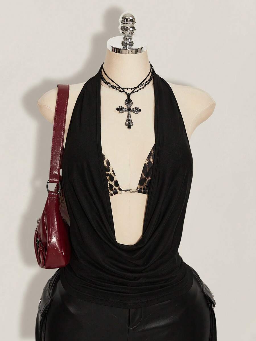 SHEIN ICON 女士加大码复古性感时尚个性休闲千禧风Y2K都市摩登大胆前卫黑色吊带上衣豹纹吊带系带文胸两件套吊带背心 - 黑色 - 查看 1
