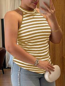 Plus Size Women Elegant Sleeveless French Style Casual Tank Top - Pale Yellow - View 3