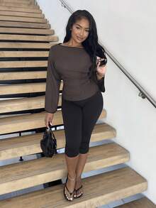 Alexandranx 女士优雅后腰系带长袖衬衫，适合秋季通勤 - 棕色 - 查看 6