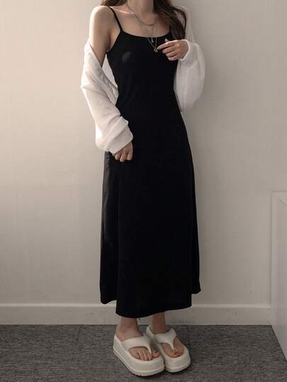 DAZY Bộ đồ 2 món dành cho nữ, gồm áo khoác cardigan dài tay màu trơn và váy hai dây, kiểu dáng thường ngày.