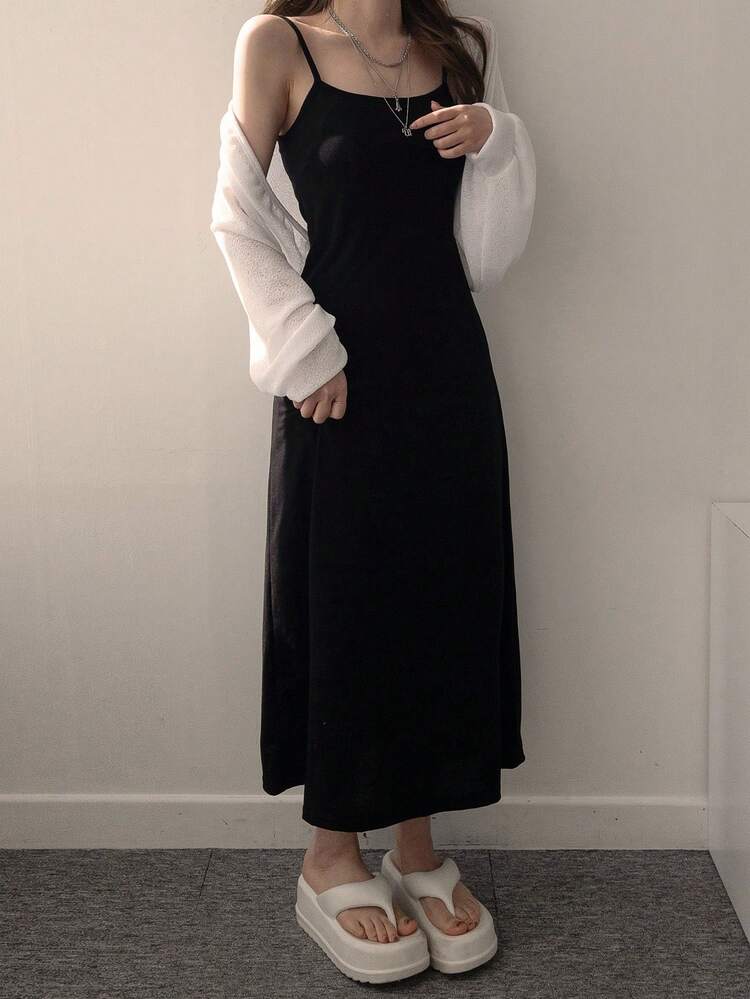 Women's Solid Color Long Sleeve Cardigan And Spaghetti Strap Dress Casual 2-Piece Set