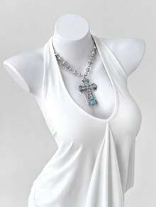 Sunspun Blusa de tirantes con cuello de atar y pliegues para mujer de talla grande - Blanco - Ver 5