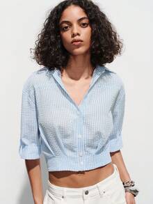 SHEIN Luminelle Camisa casual de mujer con cuello en V texturizada a rayas, de corte corto, con cintura ceñida, de estilo fashionable y minimalista, para primavera/verano - Azul - Ver 6