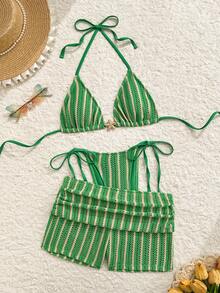 Costavie Nuevo conjunto de traje de baño de mujer de 3 piezas con estilo de rayas de punto texturizado de alta corte con lazos laterales, copa triangular y control de abdomen, con estampado - Verde - Ver 2
