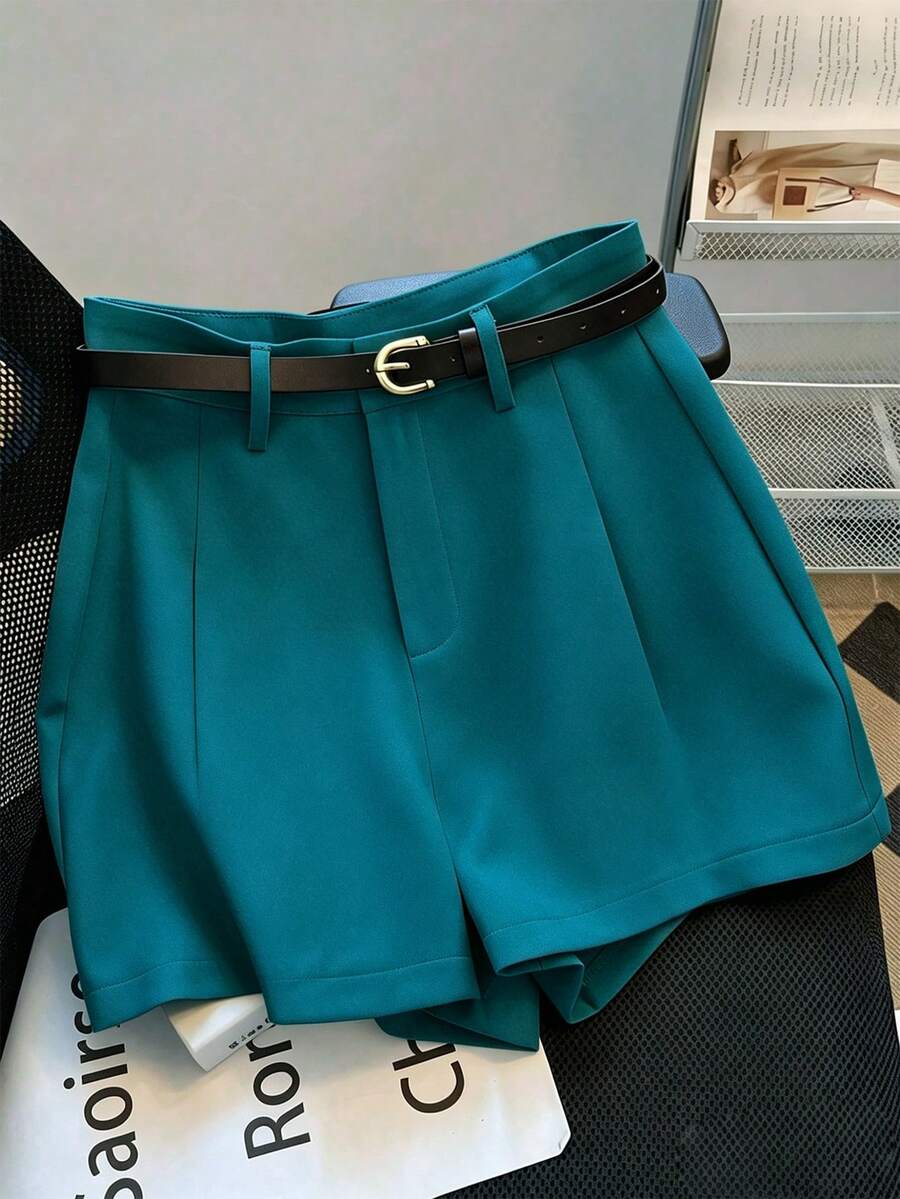 Franclia Casual & Commuting Fashion Versatile Mid-High Waist Belted Summer New Solid Color Khaki Shorts For Women - Hunter Green - View 1