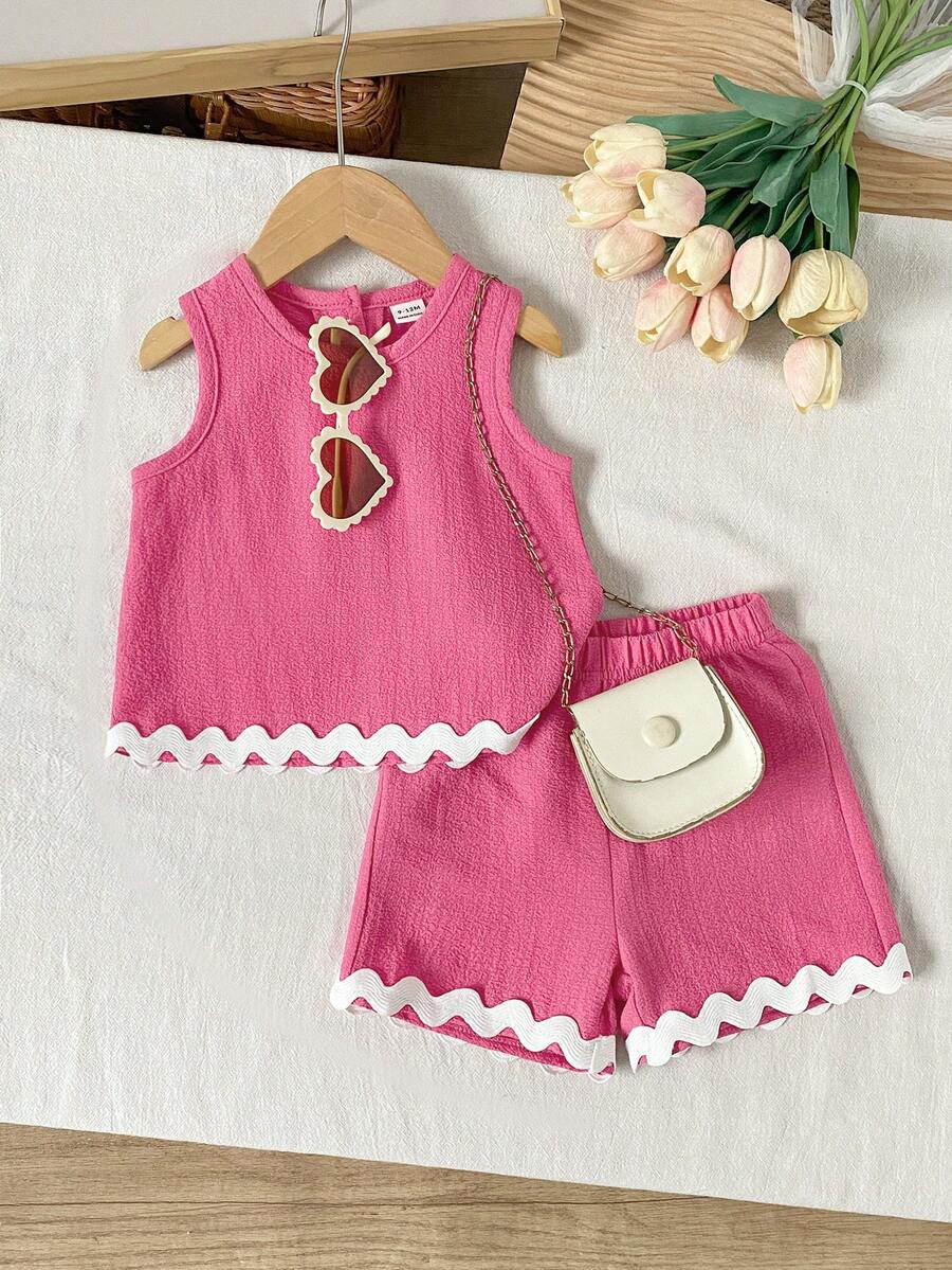 SHEIN Baby Girls' Vacation Colorblock Strap Top And Shorts Set - Hot Pink - View 1