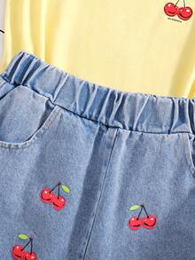 SHEIN Bộ đồ cho bé gái tuổi teen: Áo tay ngắn in hình quả anh đào và quần short denim có túi. - Màu vàng - Xem 5