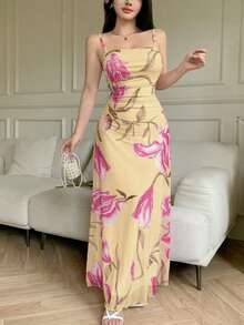 Modelyn Đầm hè nữ lưới in họa tiết, dây mảnh, eo bèo nhún. - Màu vàng ngỗng - Xem 5