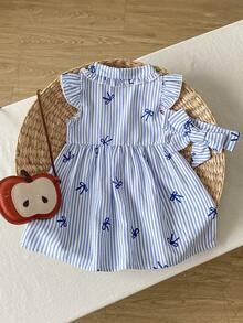 SHEIN Playful Pals 女婴休闲日常黄色格子短袖连衣裙，百搭舒适，适合外出或居家穿着。 - 藍色 - 查看 3