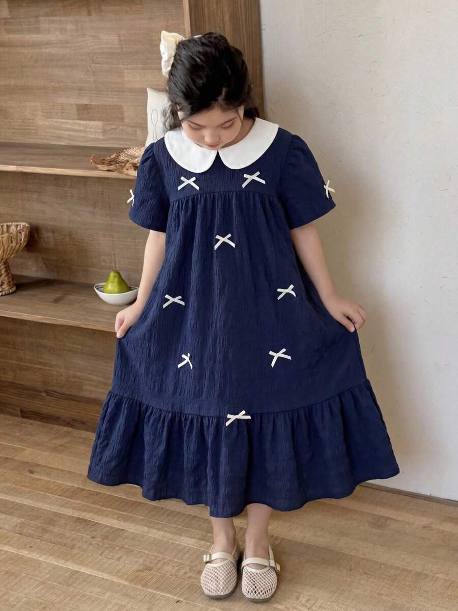 SHEIN Gaun Kasual Longgar Nyaman untuk Anak Perempuan Remaja, Leher Bulat, Lengan Pendek, Hiasan Ruffle, Blok Warna, Pita, Dua Sisi, Pita, Polka Dot Dua Sisi - Blue and White - View 1