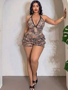 Slaydiva Plus Size Women's 1 Piece Random Leopard Print Elegant Ruffled Casual One-Piece Swimsuit - Multicolor - View 3
