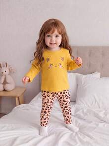 SHEIN Playful Pals 三件套女婴休闲时尚可爱甜美豹纹动物猫咪图案罗纹针织纯色长袖圆领柔软舒适加厚上衣衬衫T恤T恤裤子打底裤运动裤套装日常玩耍派对晚宴约会春季秋季冬季 - 黃色 - 查看 3