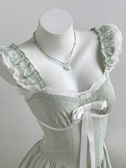Elamini Sweet & Cute Lace Patchwork Bow Tie Waist Slim Fit Pure Cotton Camisole Mini Dress