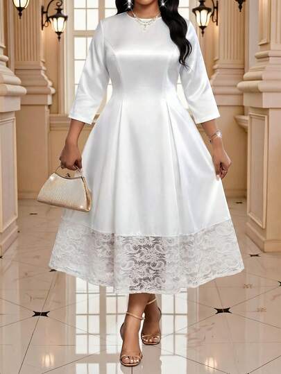 Fleurora Plus Size Women Elegant Lace Patchwork 3/4 Sleeve Waist Cinched Midi Dress