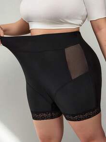 SHEIN CURVE+ 2 chiếc quần short cạp cao ôm dáng dành cho nữ cỡ lớn, chất liệu lưới phối nhiều mảnh, màu đen. - màu đen - Xem 3