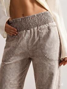 Bohemela Pantalones sueltos de cintura baja de unicolor tejidos, estilo bohemio de otoño/invierno para mujer - Caqui - Ver 5
