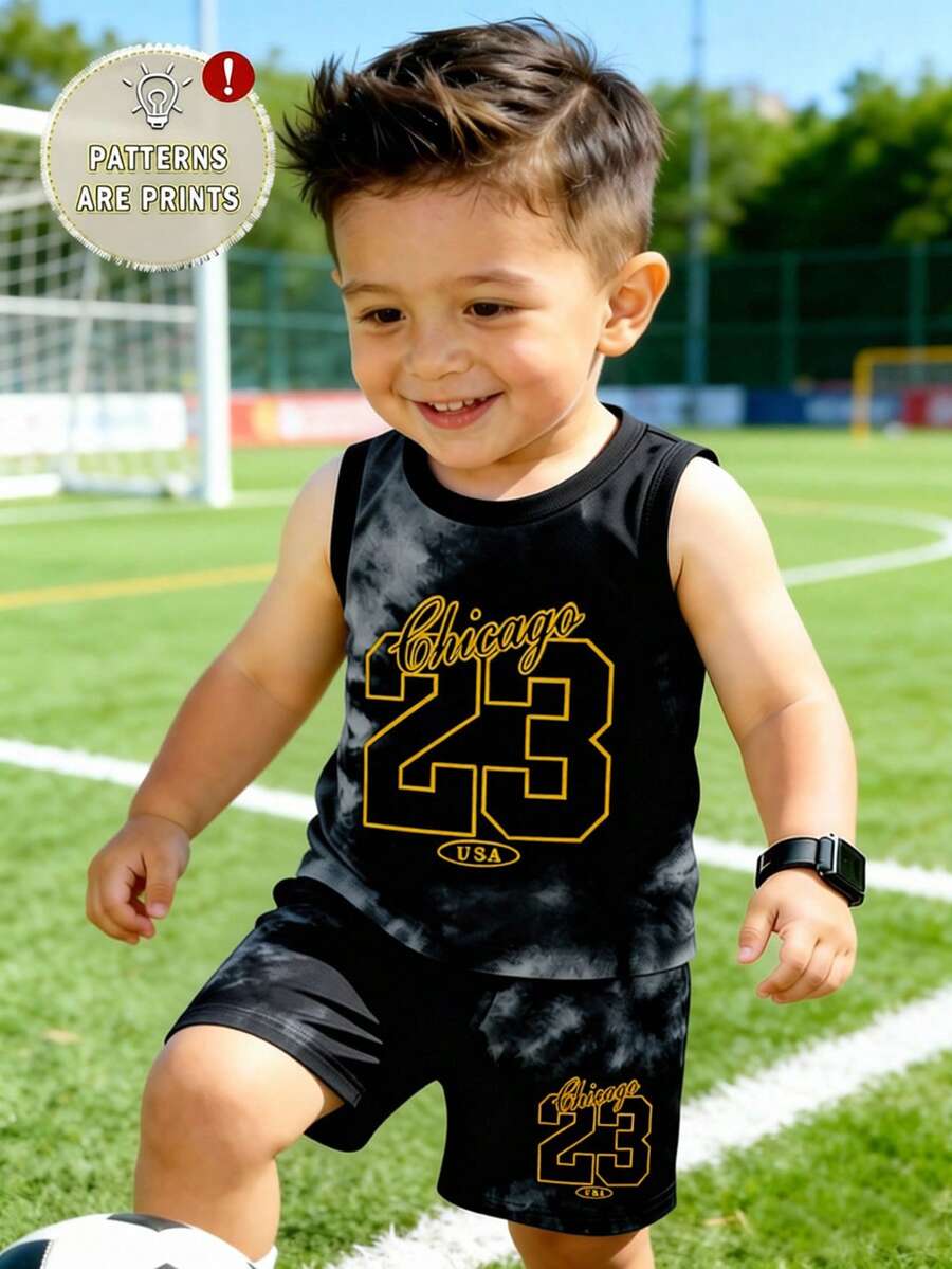 2 piezas Conjunto de ropa para bebé niño con estampado tie-dye, chaleco sin mangas con patrón numérico deportivo de moda + pantalones cortos a juego con estampado tie-dye, adecuado para salidas de verano - Multicolor - Ver 1
