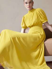 Aveloria Zanirela Đầm chiffon thanh lịch dành cho nữ với thiết kế xếp ly ở phần ngực, tay áo kiểu công chúa, thắt eo, chân váy xòe, màu trơn tối giản, đa năng cho công sở, tay dài. - Màu vàng - Xem 6