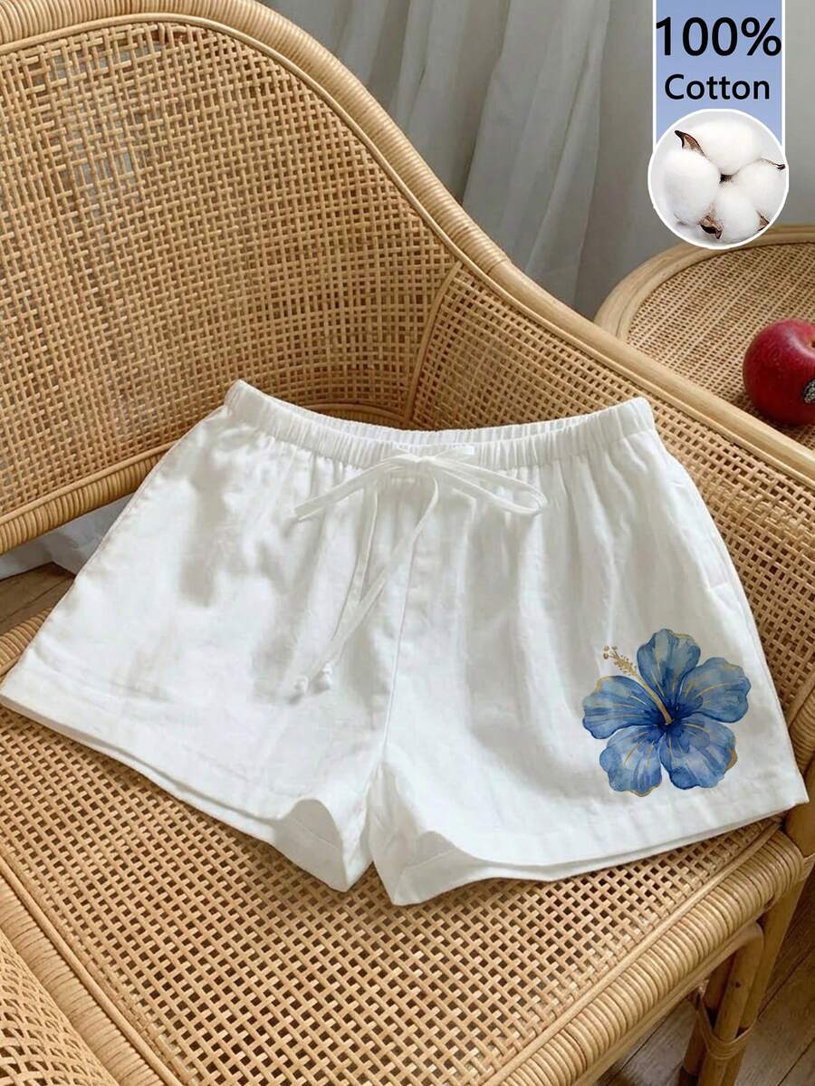 Comfortcana Quần short nữ 100% cotton in họa tiết hoa dâm bụt màu xanh cổ điển - Hoàn hảo cho mùa hè ở đảo Hawaii, các lễ hội âm nhạc, dã ngoại bãi biển, kỳ nghỉ hè, những ngày nghỉ mát bên bờ biển trắng xóa, dễ thương và mềm mại. - trắng - Xem 1