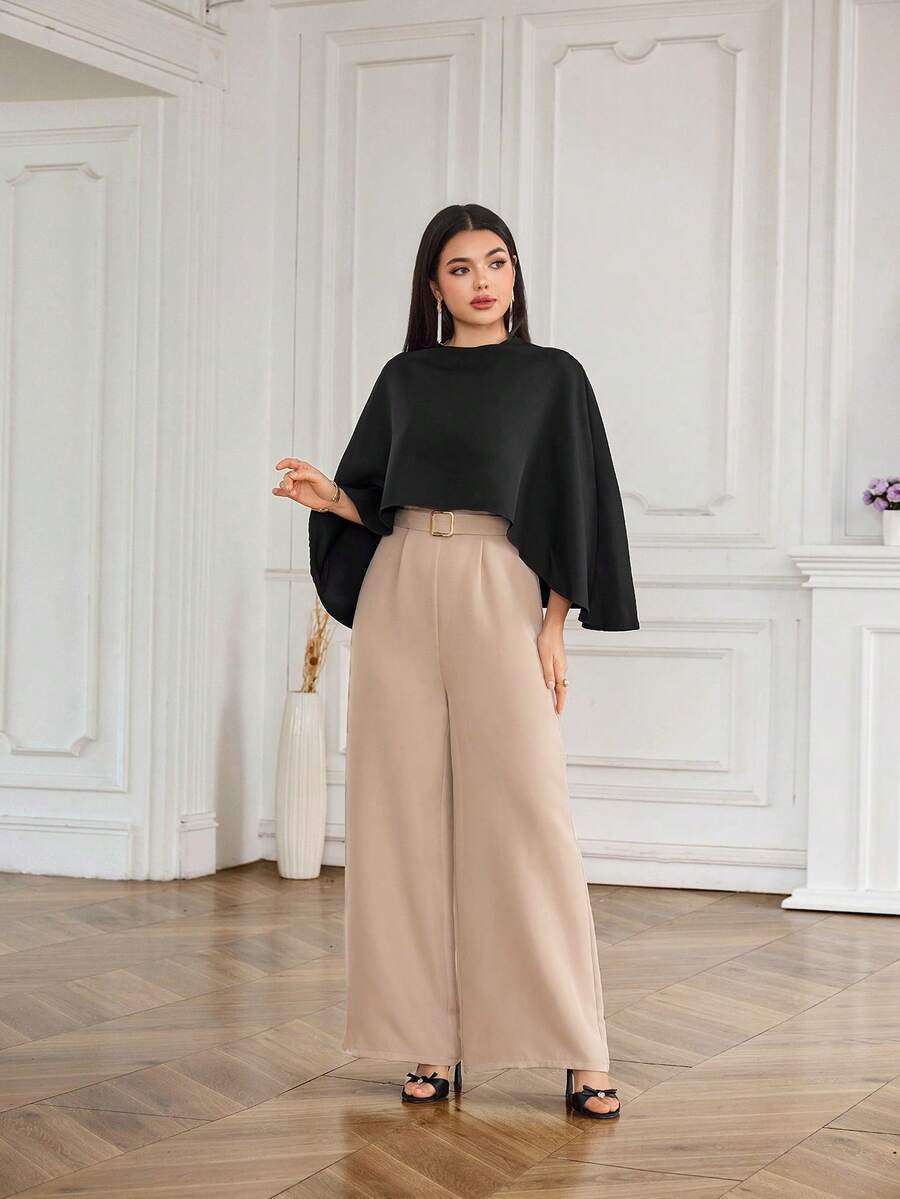 Modelyn Bộ jumpsuit nữ thanh lịch tay cánh dơi, thắt eo, ống rộng, thích hợp mặc đi làm, mùa xuân/thu. - Màu be - Xem 1