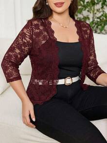 Reflora Plus Size Women Lace Patchwork Casual Versatile Lightweight Cardigan Fall - Burgundy - View 1