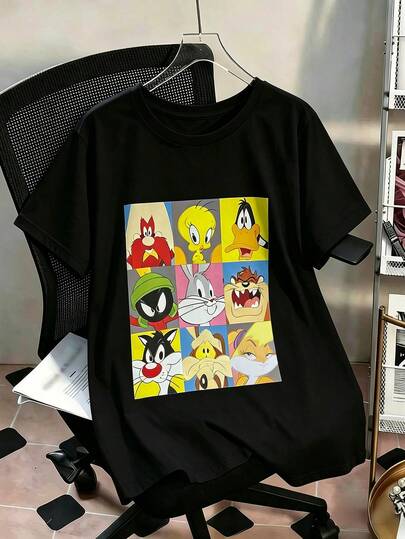 DrmWander LOONEY TUNES X SHEIN Áo thun nữ cỡ lớn, kiểu dáng rộng rãi, thoải mái, in hình hoạt hình cờ caro, cổ tròn, thích hợp cho các dịp thường nhật/du lịch/hẹn hò.