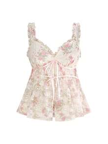 Sweetness Holiday Summer Beach Vacation Sexy Floral Lace Waist Drawstring Loose Plus Size Camisole - Baby Pink - View 1