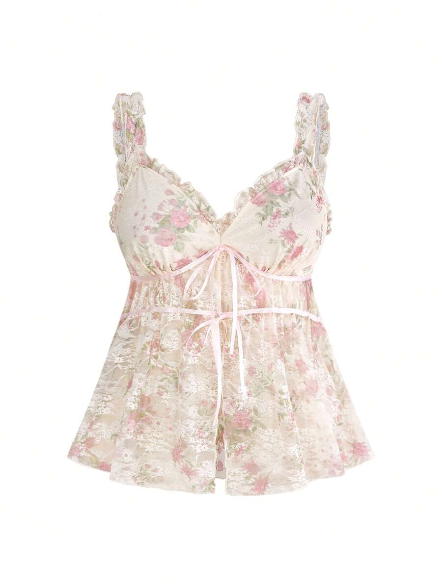 Sweetness Holiday Summer Beach Vacation Sexy Floral Lace Waist Drawstring Loose Plus Size Camisole - Baby Pink - View 1