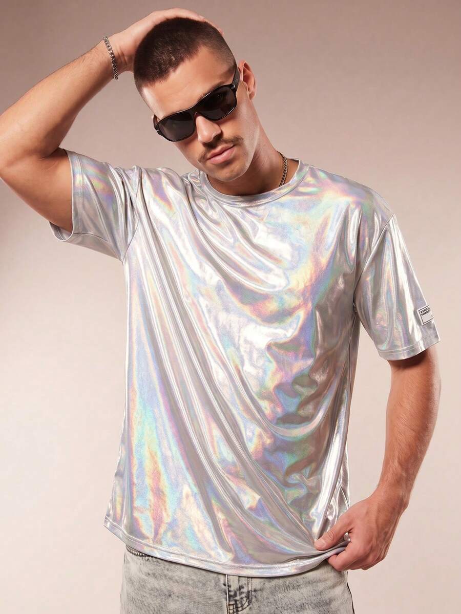 FeverCity 1pc Oversized Holographic Drop Shoulder T-Shirt Rave Shirt Silver Shirts Reflective Shirt Iridescent Shirt Reflective Outfit - Silver - View 1