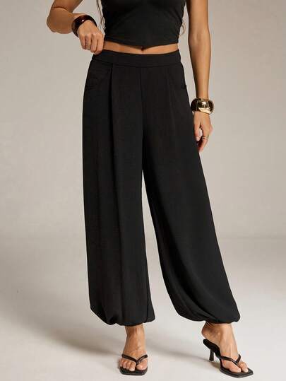 SHEIN Tall Outfit Deas For Pants,Casual Woven Fabric Black Long Jogger Pants For Women With Plain Pattern And Zipper Accent