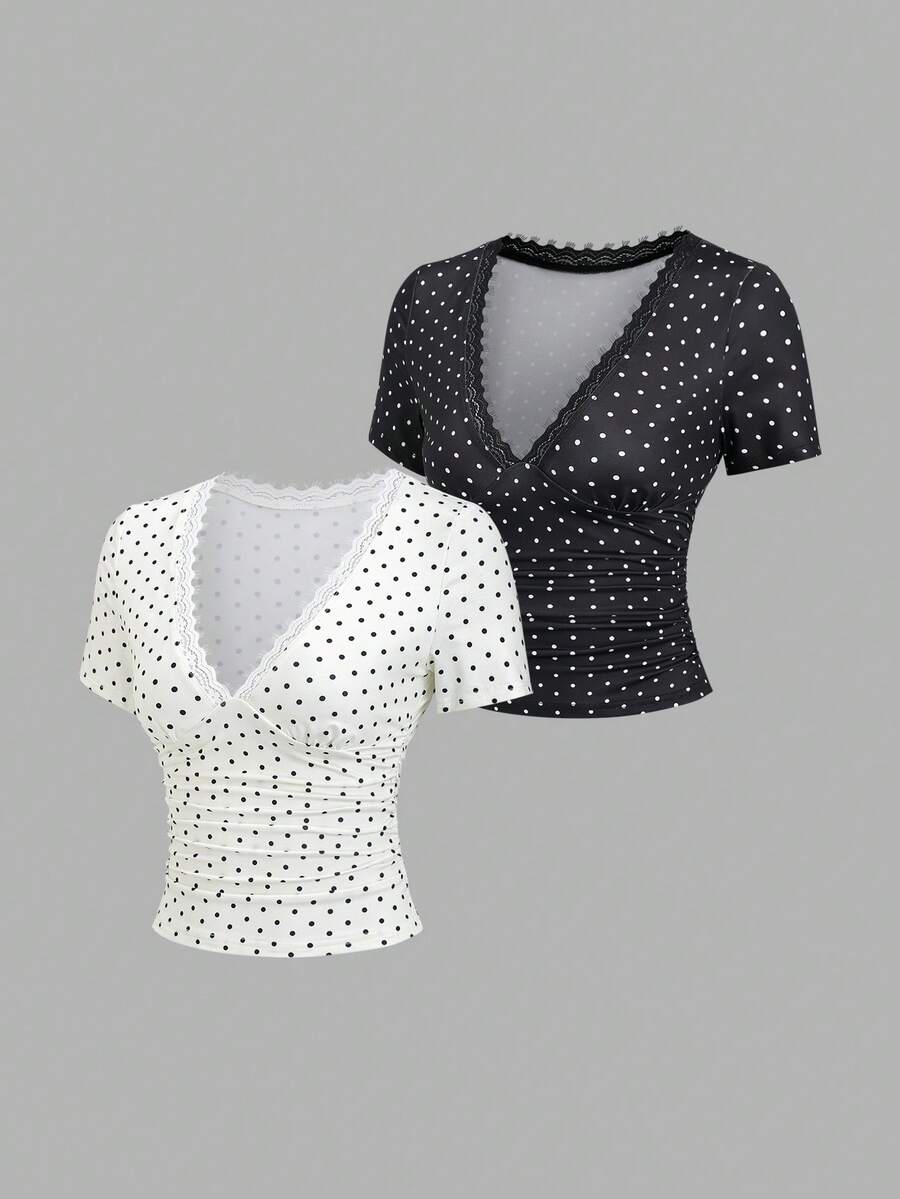 Sweetra 2pcs/Set Women's Fashionable Elegant Versatile Polka Dot Print Lace Patchwork Ruffle T-Shirt - Multicolor - View 1