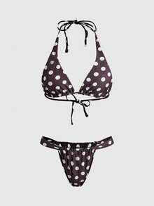 ROMWE Avant Women's Sexy Brown And White Polka Dot Bikini Set, Suitable For Beach, Elegant Casual Vacation Wear. Made Of High-Elastic Comfortable Fabric, Suitable For Music Festivals, Beach Parties, Surfing Sports, Halter Neck Tie-Back Backless Two-Piece Swimsuit Set For Women Summer - Multicolor - View 2