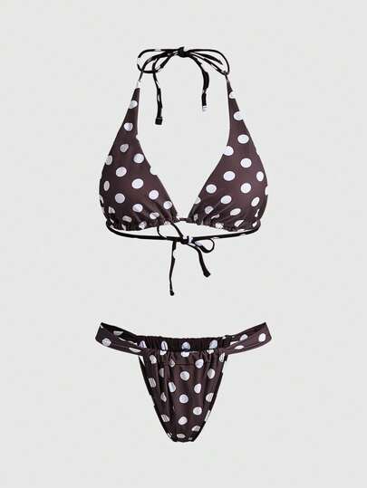 ROMWE Avant Conjunto de bikini de lunares marrón y blanco sexy para mujer, adecuado para la playa, elegante y casual para vacaciones. Hecho de tela cómoda y de alta elasticidad, adecuado para festivales de música, fiestas en la playa, deportes de surf, conjunto de traje de baño de dos piezas con cuello halter y espalda descubierta para mujeres en verano.