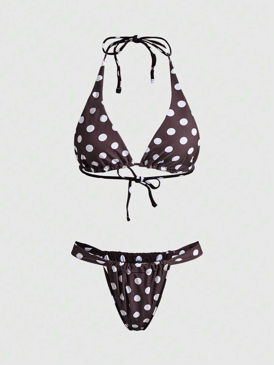ROMWE Avant Women's Sexy Brown And White Polka Dot Bikini Set, Suitable For Beach, Elegant Casual Vacation Wear. Made Of High-Elastic Comfortable Fabric, Suitable For Music Festivals, Beach Parties, Surfing Sports, Halter Neck Tie-Back Backless Two-Piece Swimsuit Set For Women Summer