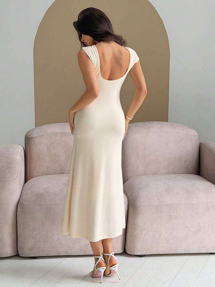 Women's Elegant Metal Decor Fish Tail Hem Midi Dress, Summer