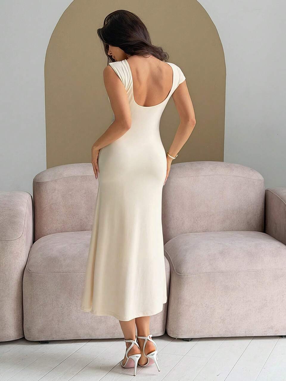 Women's Elegant Metal Decor Fish Tail Hem Midi Dress, Summer Sun Dresses For Women