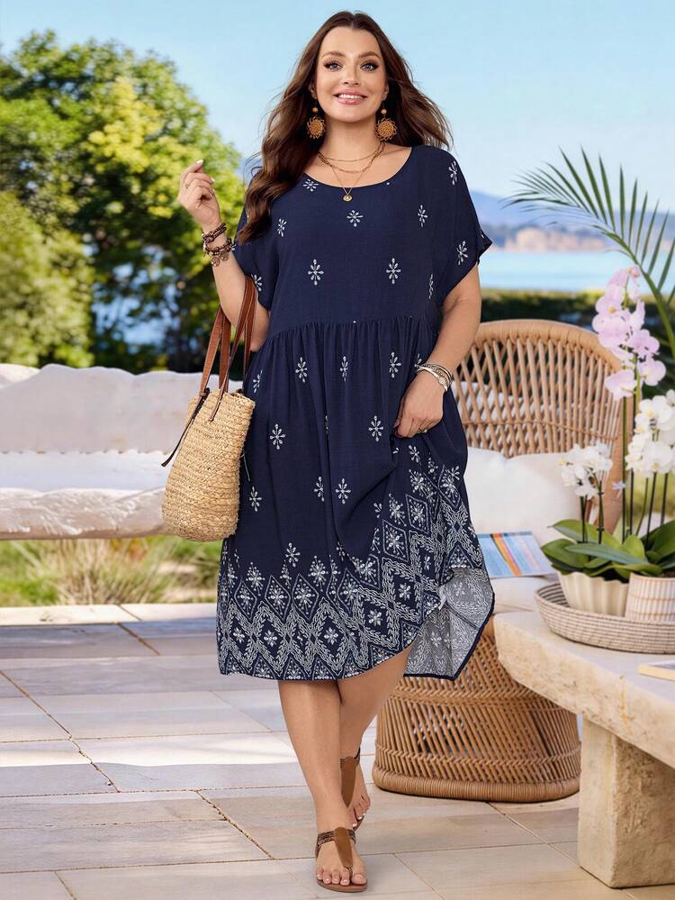 Plus Size Women's Summer Casual Vacation Country Floral Print Round Neck Short Sleeve Casual Navy Blue Dress,Suitable For Summer Vacation,Casual Holiday Style,Summer Outfits For Women ,Vacation Outfits Women ,Holiday Outfits For Women,Going Out Outfits, New Clothes,Simple And Fashionable For Everyday Wear,Suitable For Summer, Vacation, Daily Wear, Festival Outfits For Women,Country Concert Outfit,Beach Outfits For Women,Western Style,Flowy Dress,Gifts For Mother,Boho Dress, Plus Size Summer Dresses For Women