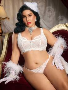 PinupPomp Sujetador con aros y copa completa con ribete de encaje, con soporte y comodidad, estilo romántico francés/italiano, sujetadores con curvas y sin aros para tallas grandes - Blanco - Ver 7