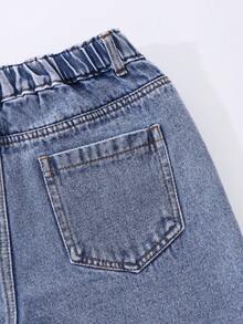 SHEIN ChillGRL Quần short denim ống đứng dáng rộng cho bé gái tuổi teen, họa tiết ngôi sao dễ thương phong cách Y2K, cạp chun, dáng rộng, phù hợp cho mùa hè năng động, có thể phối cùng áo thun hoặc áo sơ mi, thích hợp cho sinh hoạt hàng ngày, hoạt động ngoài trời và đi học. - Rửa nhẹ - Xem 7