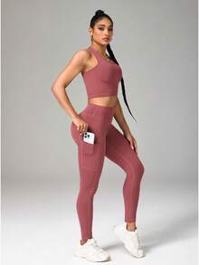 SHEIN Sports Women's Fashionable Versatile Minimalist Tank Top And Casual Tight Leggings Sports Suit - Hot Pink - View 6