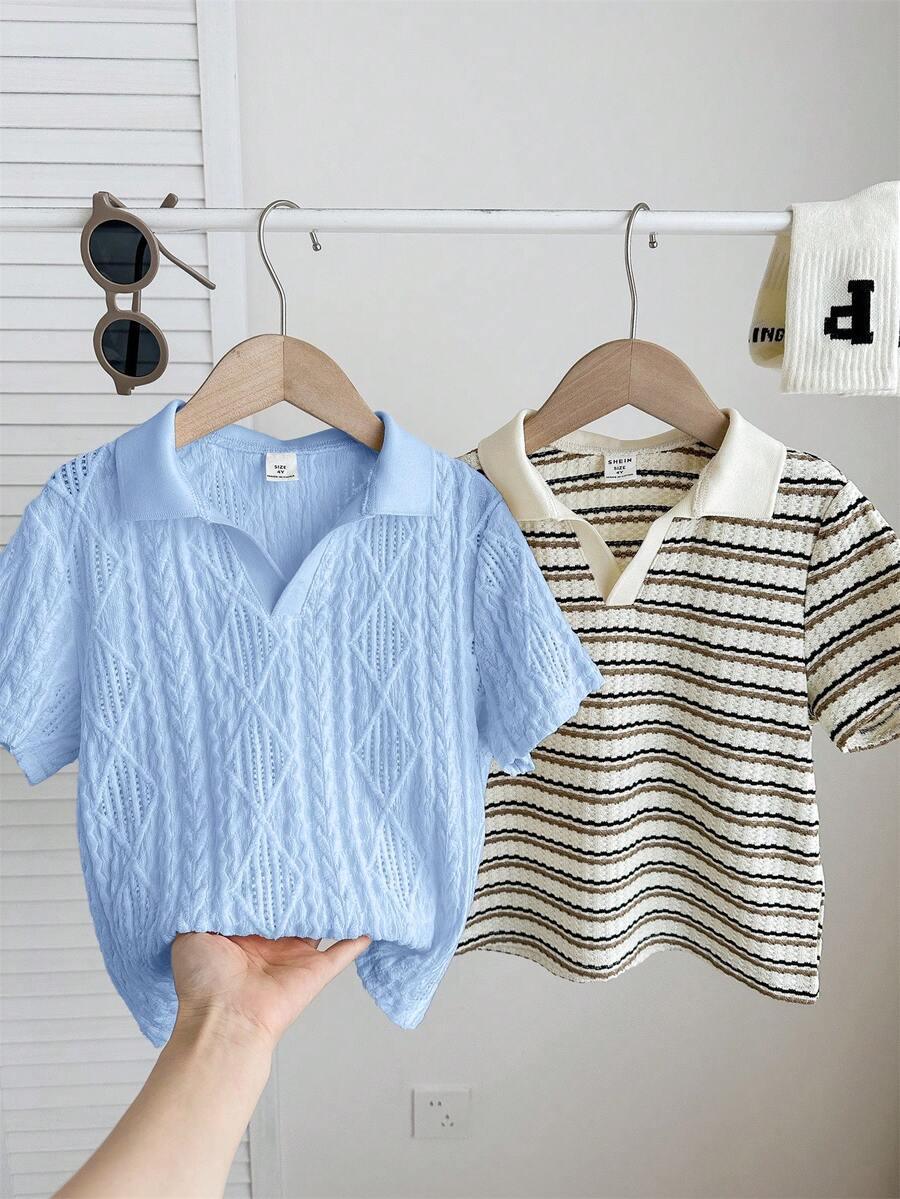SHEIN 2件套男童可爱休闲夏季条纹短袖polo衫,适合生日派对、晚宴、演出、婚礼、洗礼和学校假期穿着。 - 彩色 - 查看 1