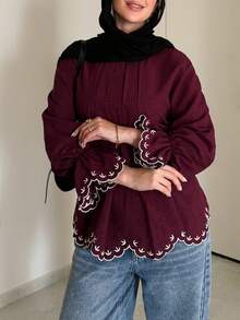 Mulvari 女士简约印花优雅长袖衬衫 - 紅木色 - 查看 6