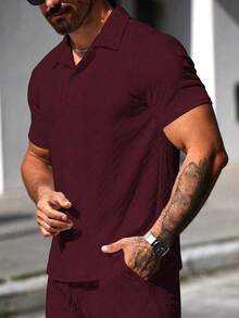 Manfinity Homme Men's Solid Color Front Button Casual Versatile Short Sleeve Shirt, Summer - Burgundy - View 5