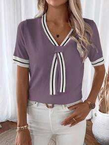 EMERY ROSE Women's Contrast Trim Short Sleeve Knit Top - Purple - View 4