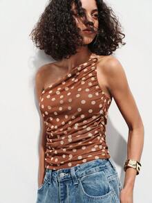 Lumivelle Top femme d'été marron à pois, coupe asymétrique, design asymétrique, épaule unique avec nœud, plissé, tenue printemps/été pour Pâques et festival de musique, top de soirée, robe de plage, tenue de vacances d'été, top marron décontracté pour vacances, plage, croisière, voyage, romantique, à la mode, polyvalent, confortable, style bohème, tenue de plage, minimaliste pour le quotidien, style campagnard, essentiel, motif à pois, tenue décontractée de vacances - Tabac - Voir 3