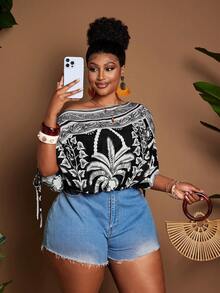 Maweii Plus Size Women's Abstract Print Drawstring Ruched Casual Top - Black and White - View 6